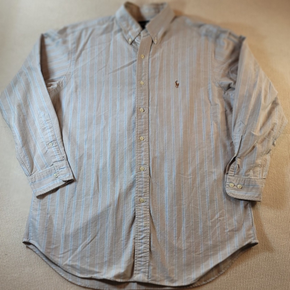 Ralph Lauren Shirt Mens 16.5-32/33 White Brown Stripe Classic Fit Pony Preppy
